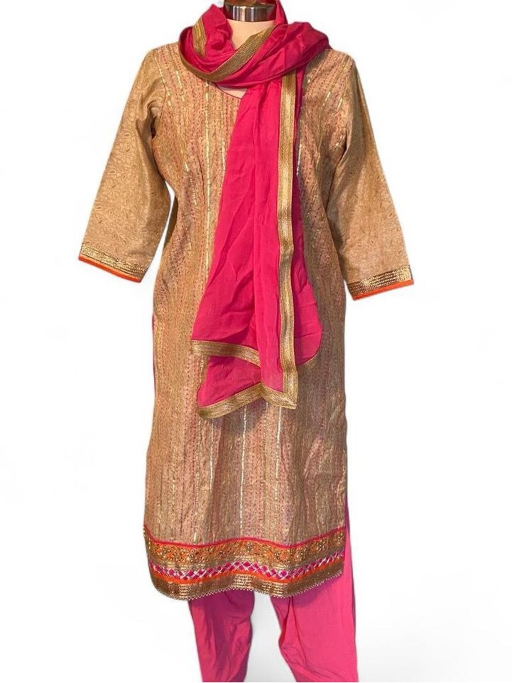 Indian Outfit Gold & Pink Embroidered Salwar Kameez Dress with Dupatta